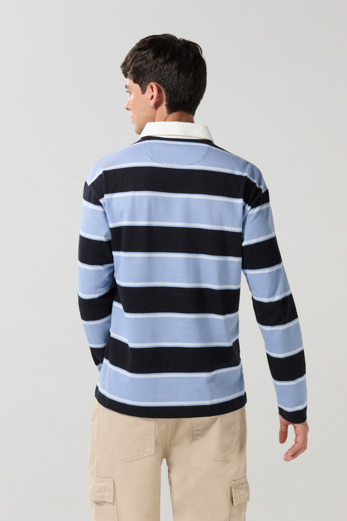 Camiseta azul intensa polo con rayas y manga larga