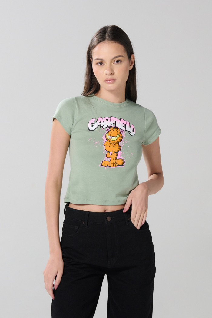 Camiseta verde clara de Garfield en rib con cuello redondo