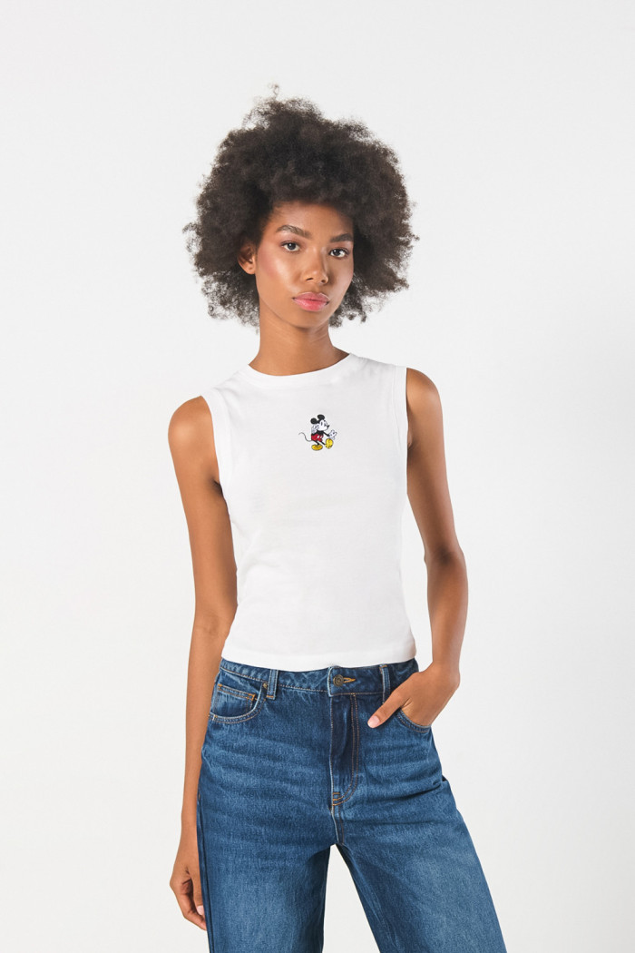 Camiseta manga sisa crema clara con estampado de Mickey