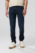 Jean azul oscuro slim con costuras en contraste y tiro bajo