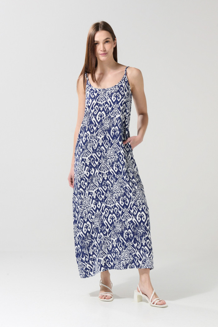 Vestido largo unicolor manga sisa estampado con bolsillos