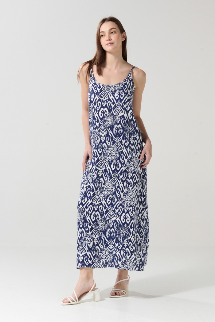Vestido largo unicolor manga sisa estampado con bolsillos