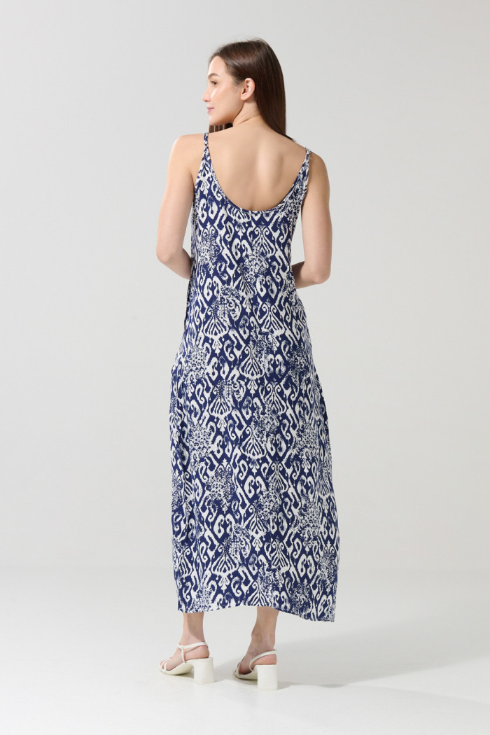 Vestido largo unicolor manga sisa estampado con bolsillos