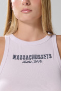 Camiseta manga sisa lila clara con estampado college