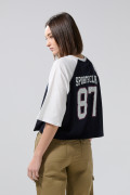 Camiseta azul crop top college con manga ranglan oversize