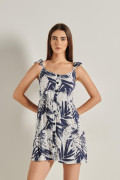Vestido corto azul estampado con botones y cuello bandeja