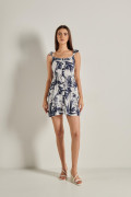 Vestido corto azul estampado con botones y cuello bandeja