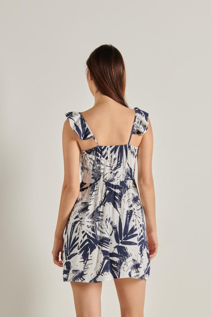 Vestido corto azul estampado con botones y cuello bandeja