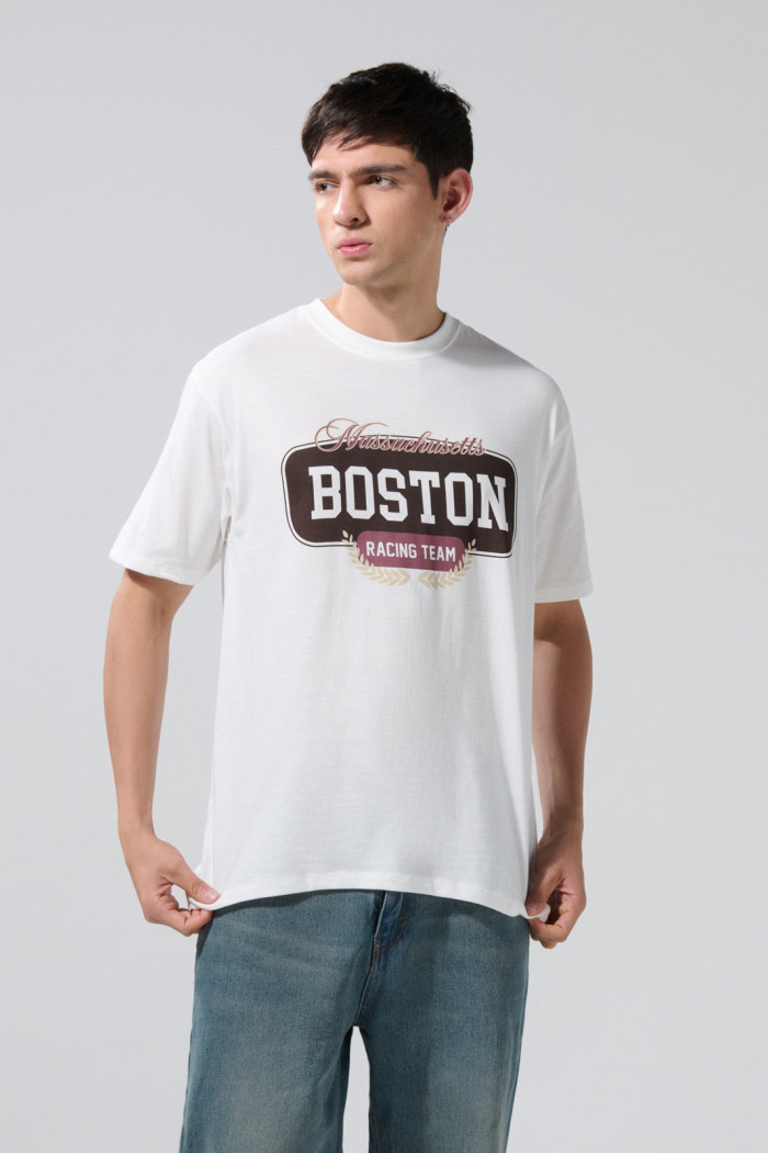 Camiseta college crema clara manga corta en algodón