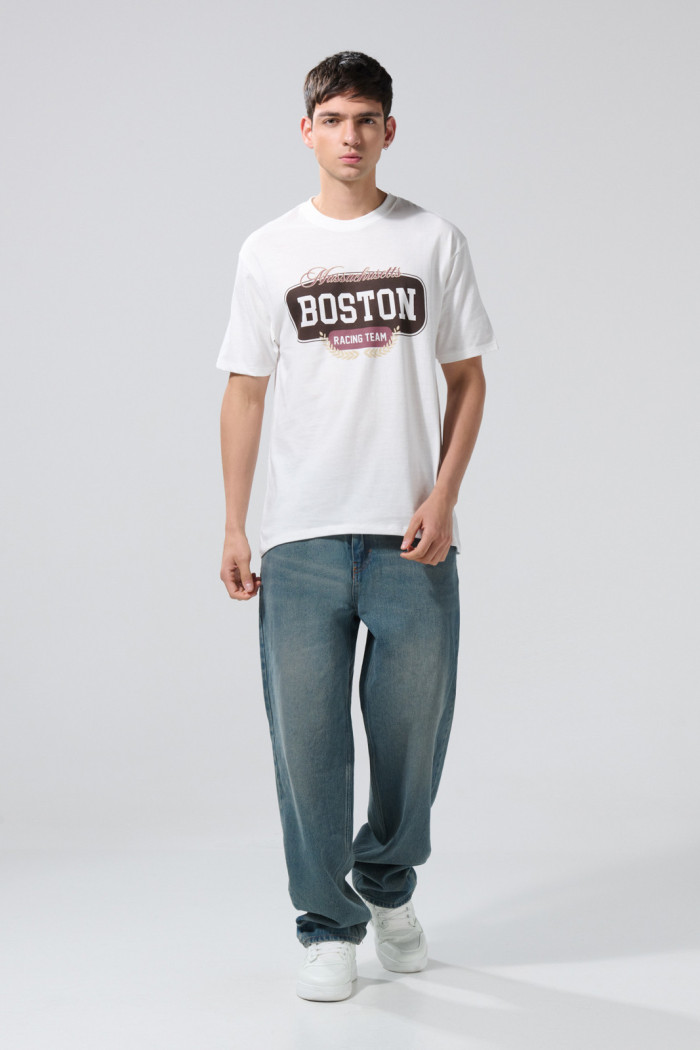 Camiseta college crema clara manga corta en algodón