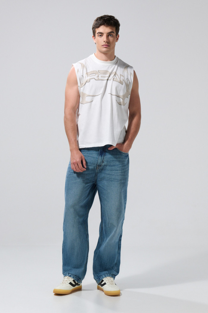 Camiseta oversize manga sisa crema con estampado
