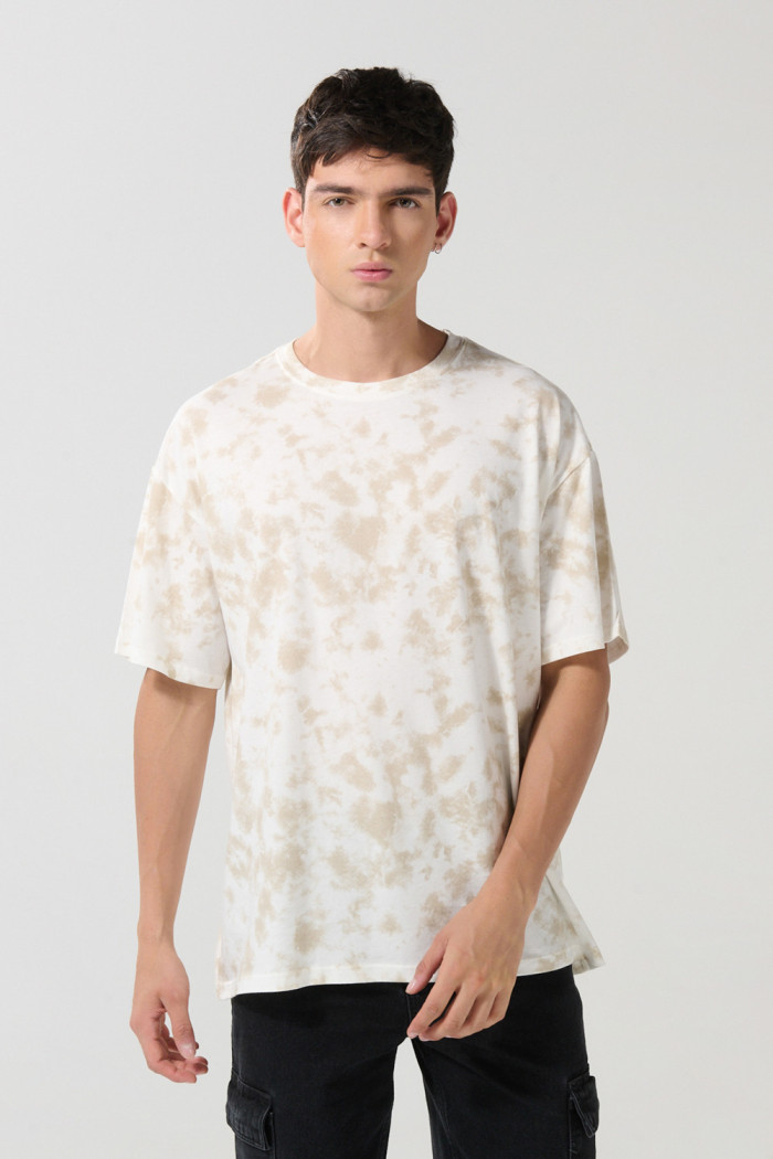Camiseta crema clara manga corta oversize con efecto tie dye