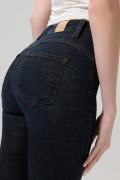 Jean azul intenso jegging con costuras cafés y tiro alto